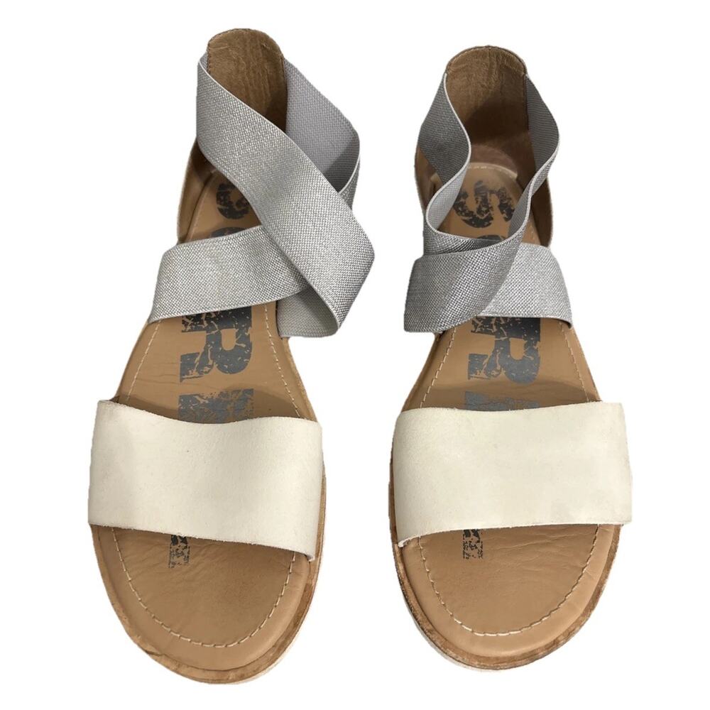 Sorel Ella Sandals Size 8 Silver Ivory Leather Cross Ankle Strap Strappy Summer